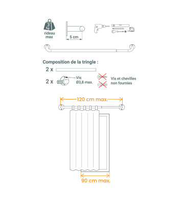 Tringle à Rideau, pour Penderie, Extensible 80 à 120 cm, Incurvée, Gris