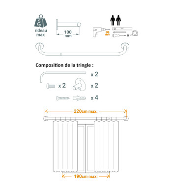 Tringle à Rideaux, Incurvée, Noir Mat, L.1m40 à 2m20, D.19