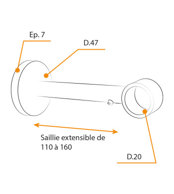 2 Supports pour Tringle à Rideaux, Mural, D.20, Saillie extensible 110 à 160mm