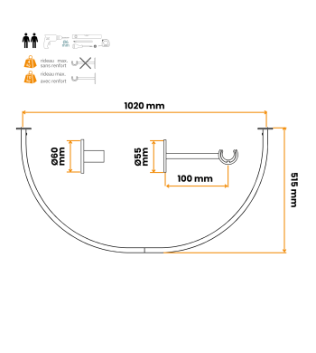 Tringle à rideau demi-cercle D.20 mm – Kit complet mural et plafond