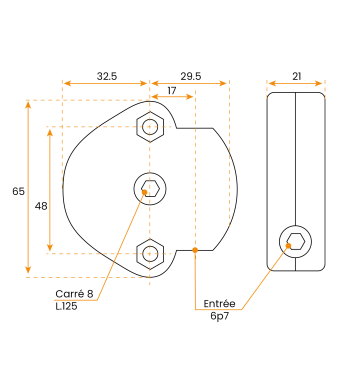 Treuil 1/4, Sans Fin de Course, 6p7, Carré 8, mâle, L.125 mm, Tige 20 mm, Geiger, compatible volet roulant Bubendorff