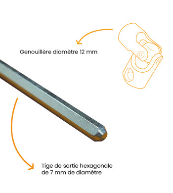 Caractéristiques techniques : axe 7mm de diamètre et genouillère 12mm de diamètre