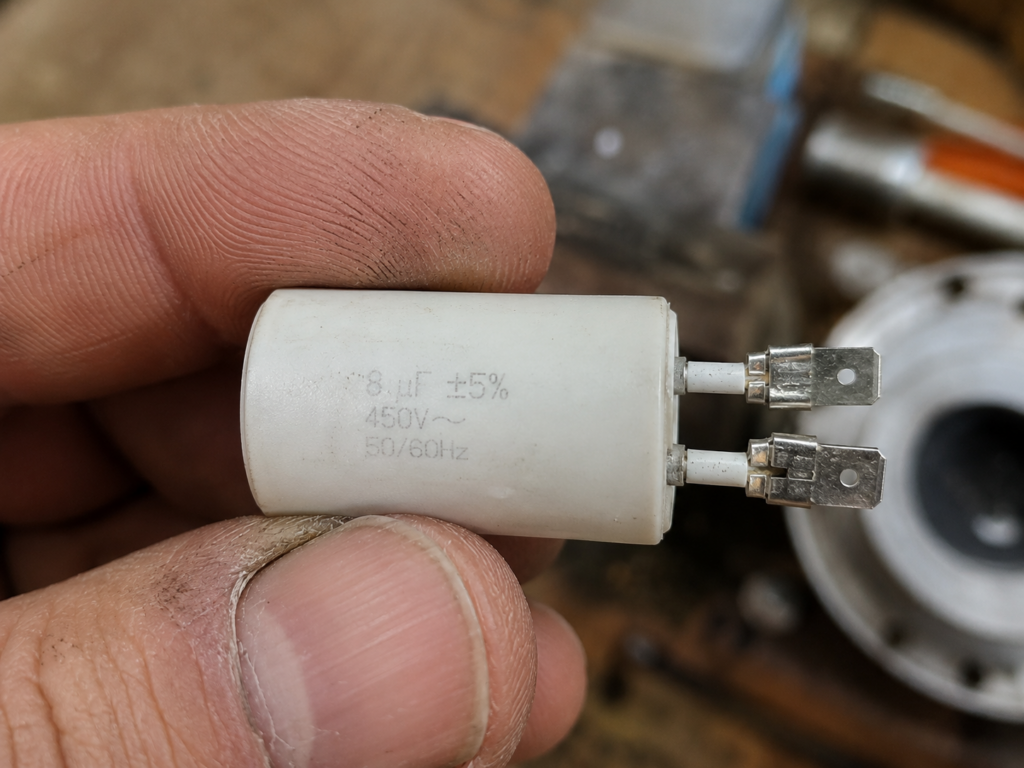 Condensateur de volet roulant 8µF 450V tenu en main, montrant les cosses Faston pour le raccordement