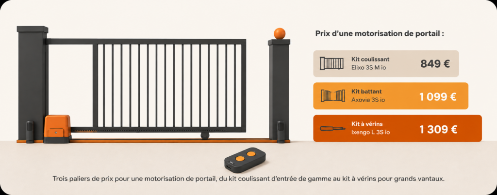 Prix d'une motorisation de portail : kit coulissant Elixo 3S M io à 849 €, kit battant Axovia 3S io à 1 099 € et kit à vérins Ixengo L 3S io à 1 309 €.