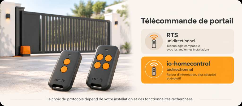 Deux télécommandes de portail anthracite à 2 et 4 canaux devant un portail coulissant motorisé, comparaison des protocoles RTS et io-homecontrol